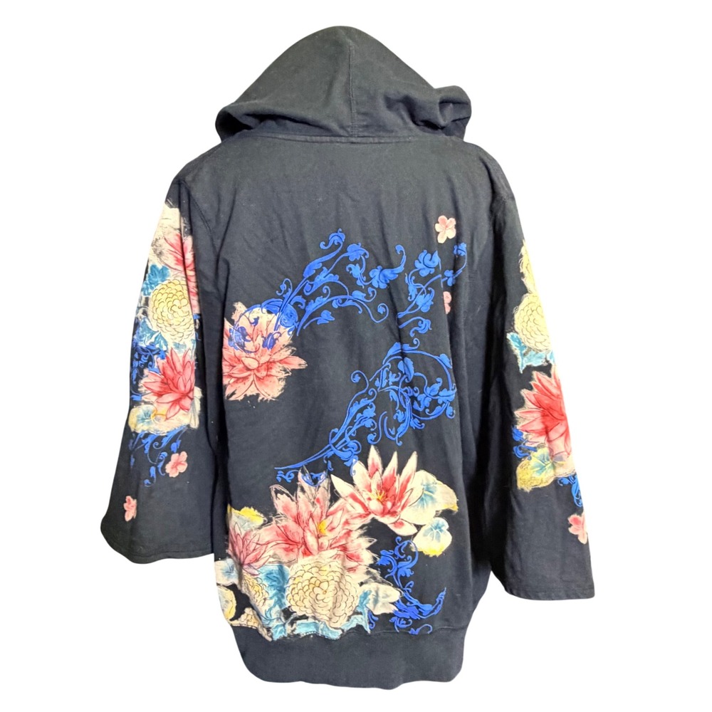 Lucky Brand Black Floral Graphic V-Neck Pullover Hoodie Sweatshirt Size L